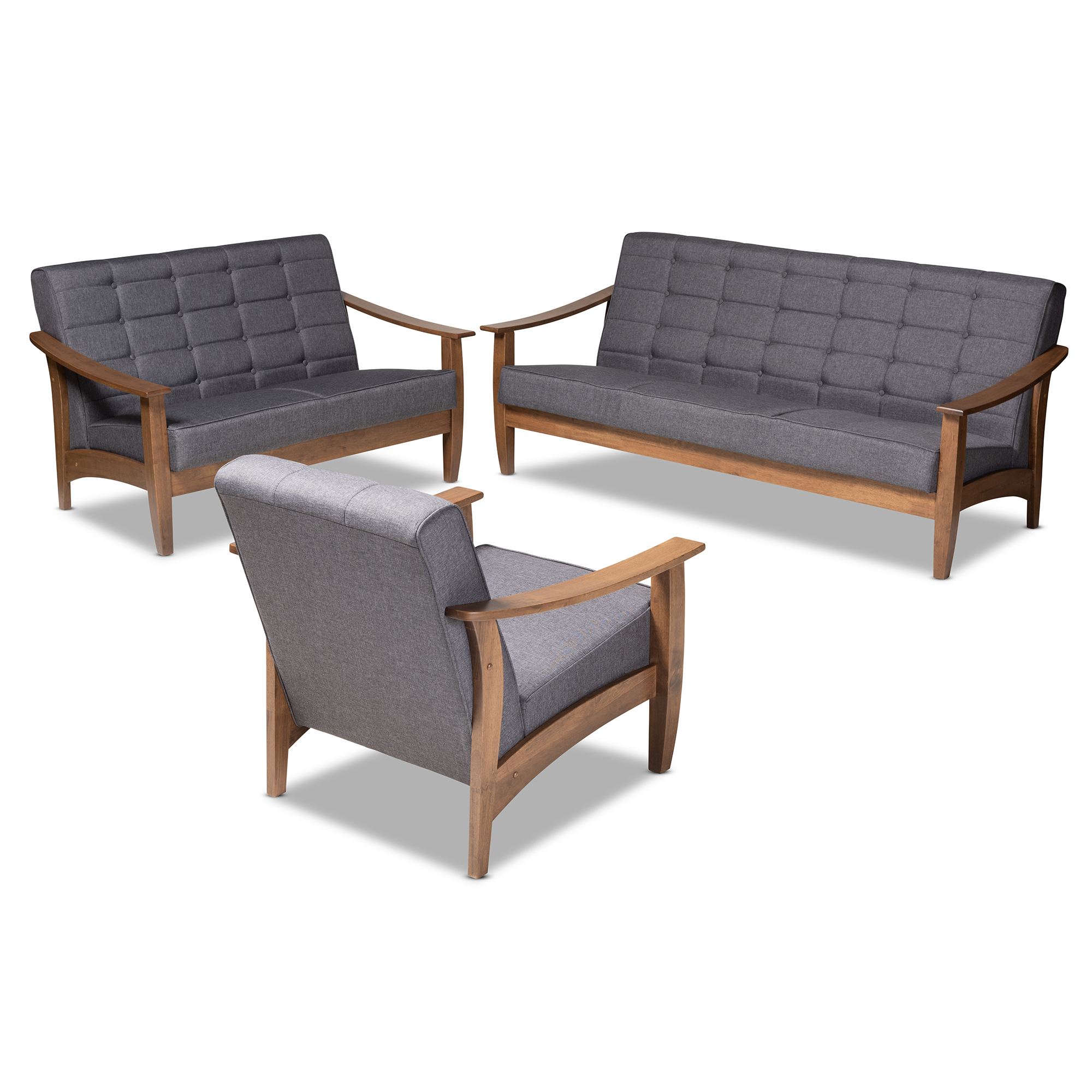 Baxton Studio Larsen Mid-Century Modern Gray Fabric Upholstered Walnut Wood 3-Piece Living Room Set